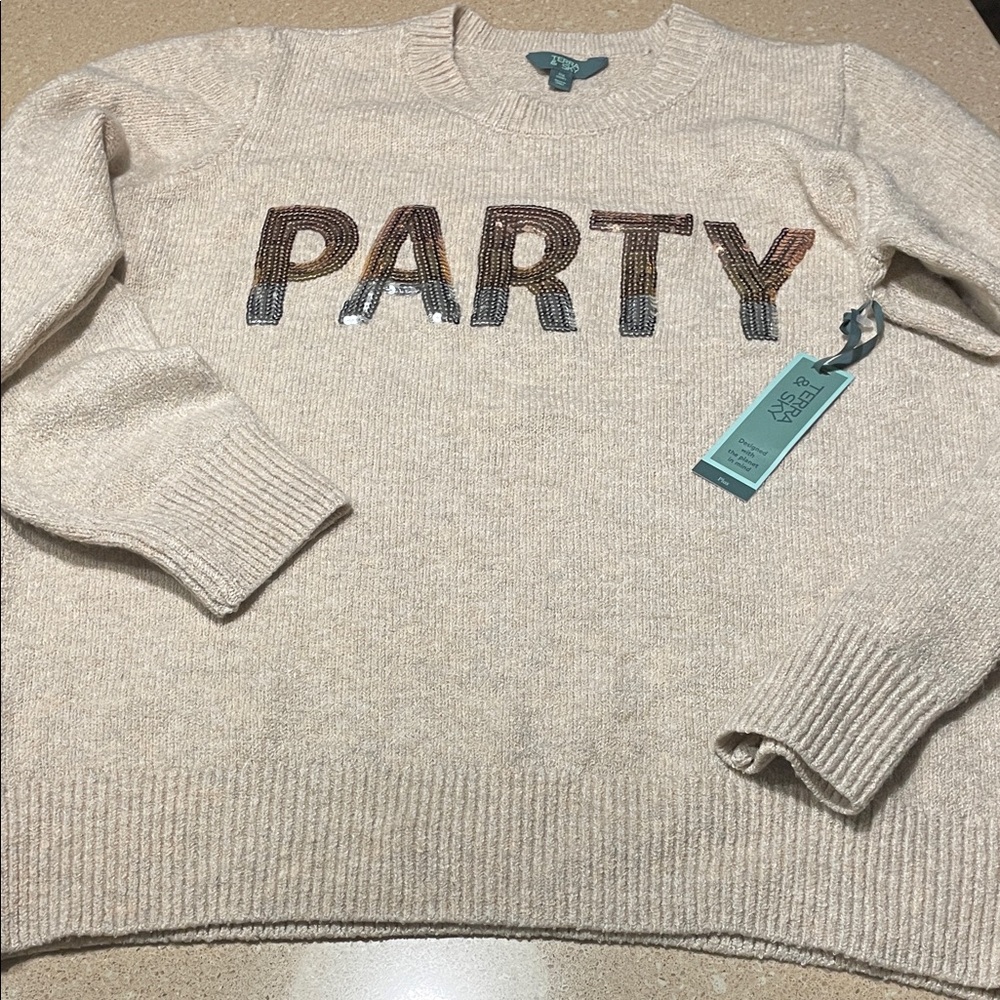 Terra & Sky Beige Crewneck Sweater with Sequin 'PARTY' Lettering